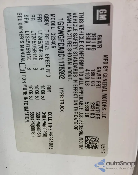 2012 Chevrolet Express G2500 from USA, damaged, VIN 1GCWGFCA0C1175392